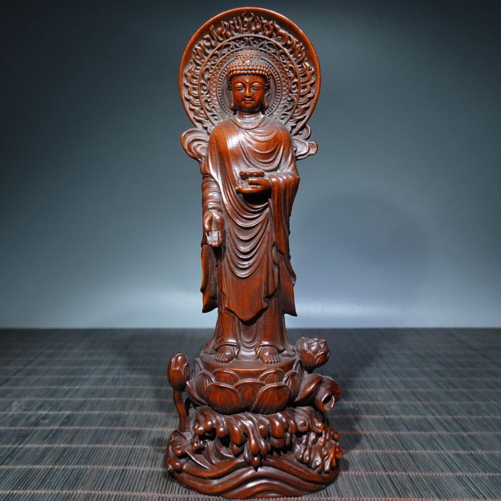 Antique Chinese Boxwood Carving Buddha Statue Wooden Sculptures Decor Collection