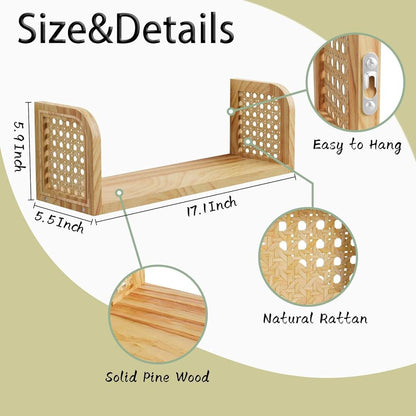 Rattan Floating Wall Shelf Hanging Book Shelves Bedroom Bathroom Decoration