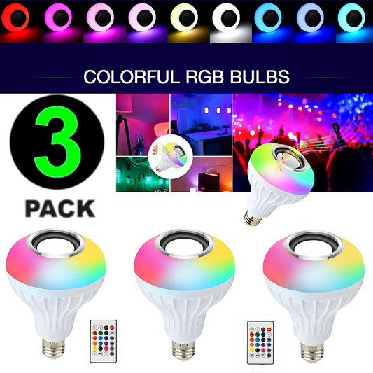 3PACK- Altavoz inalámbrico Bluetooth E27 Bombilla LED Música RGB Colores EE. UU.