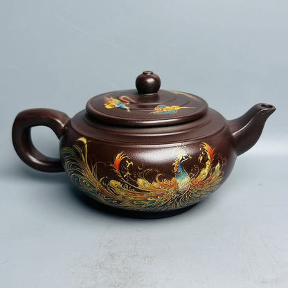 Chinese Yixing Purple Clay Teapot Zisha Ceramic Painted Fine Peacock Tea Set Art