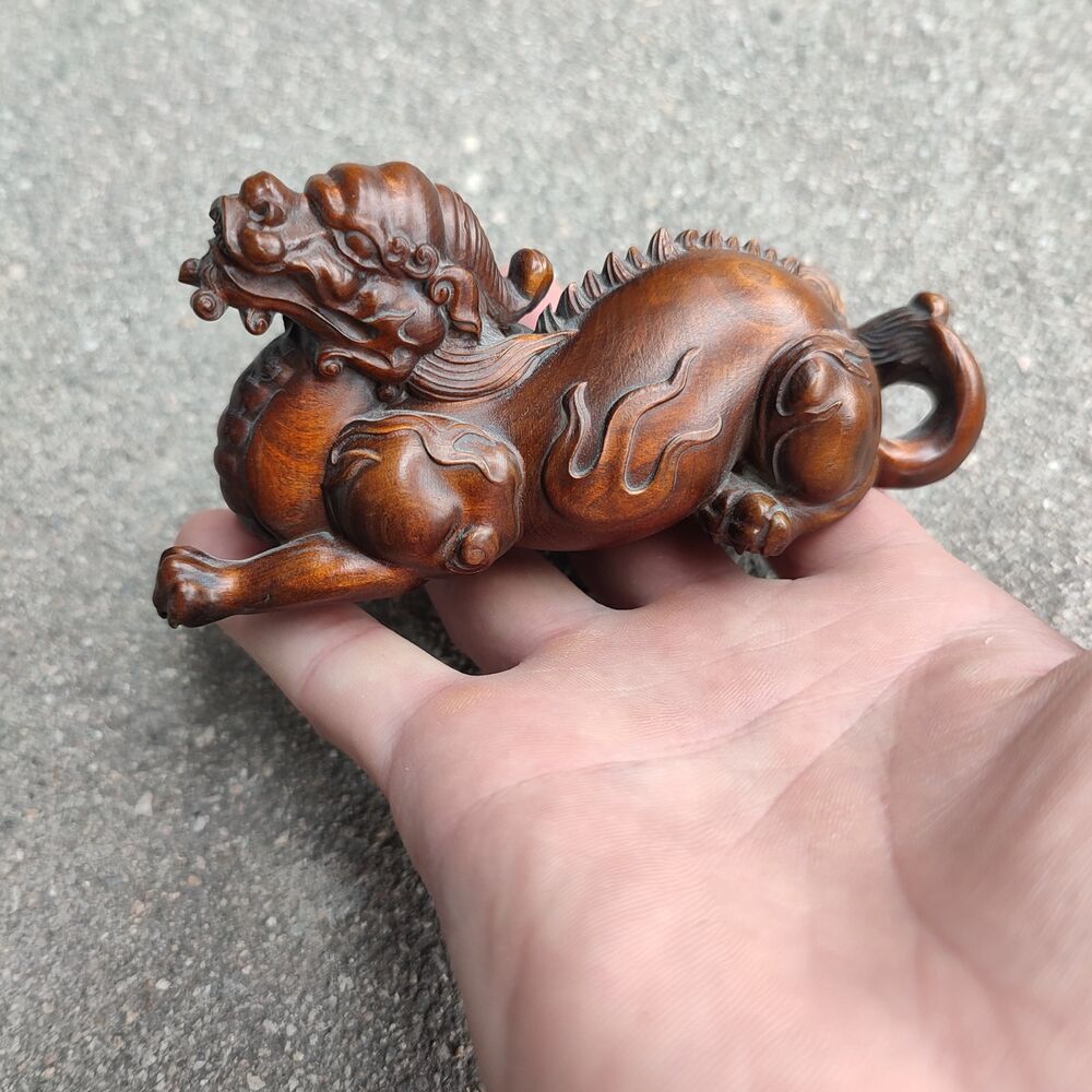Chinese Unicorn Fabulous Fire Kylin Dragon Statue sculpture Boxwood Carving Gift