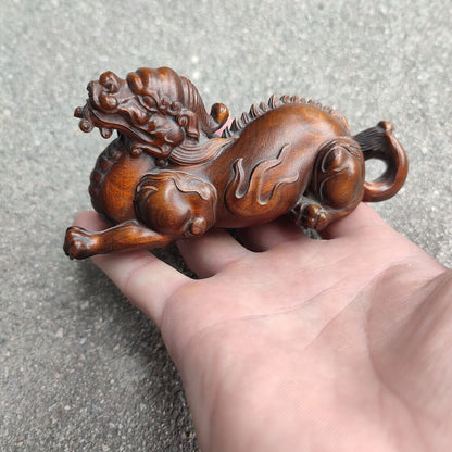 Chinese Unicorn Fabulous Fire Kylin Dragon Statue sculpture Boxwood Carving Gift
