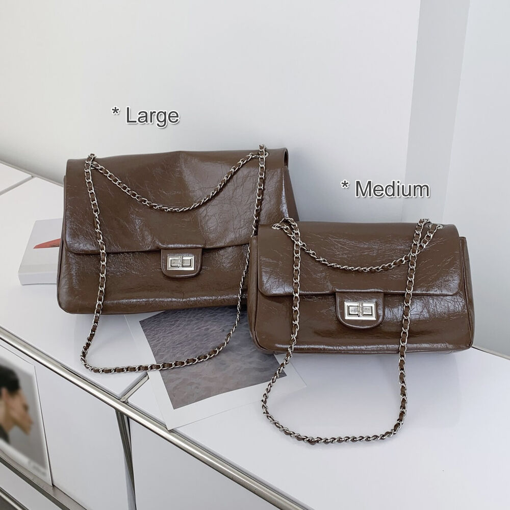 Shiny Real Leather Small Flap Shoulder Bag Purse Double Chains Crossbody Handbag