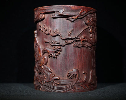 6" chinese carved brush pot pots dragon statue antique wood carving buddha Arhat