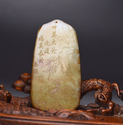 Chinese Natural Hetian Jade Carving Landscape Statue Exquisite Pendant Jewelry