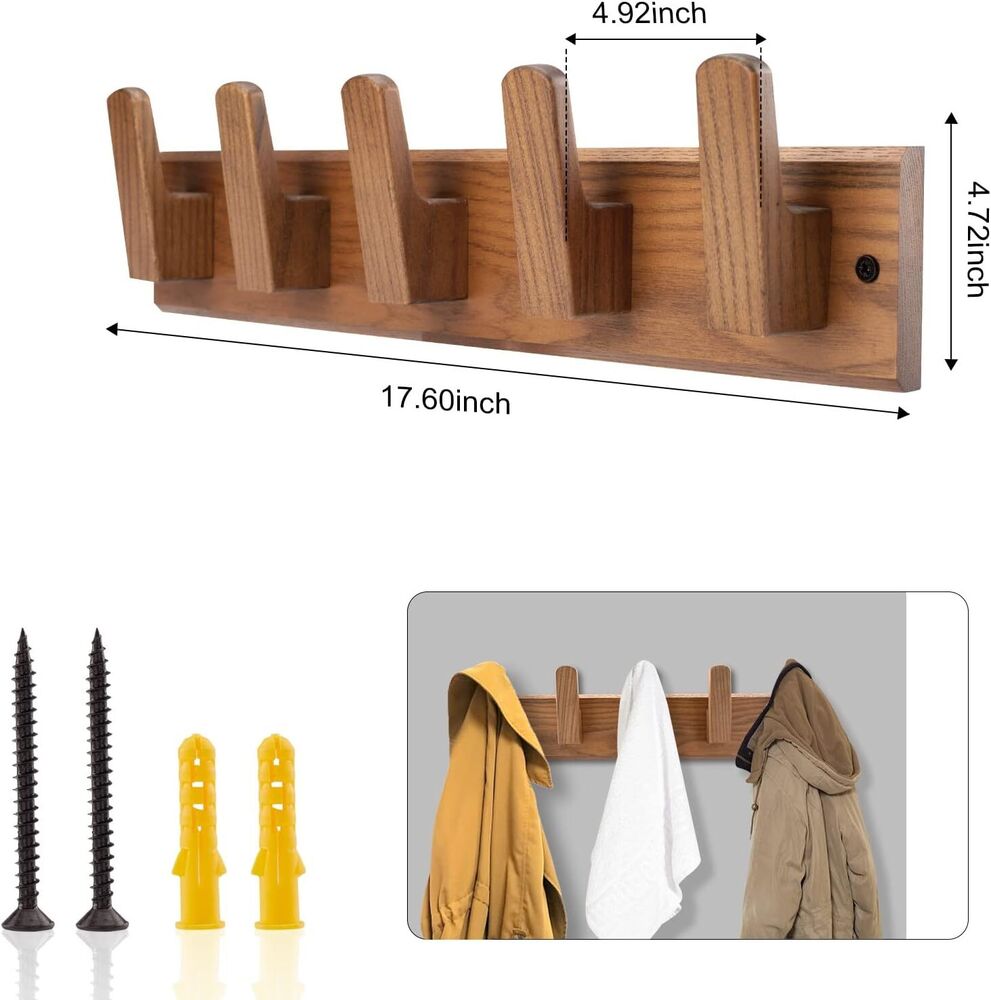 Handmade Wooden Coat Rack Wall Mount 5 Hooks for Hanging Coat Jacket Decoration