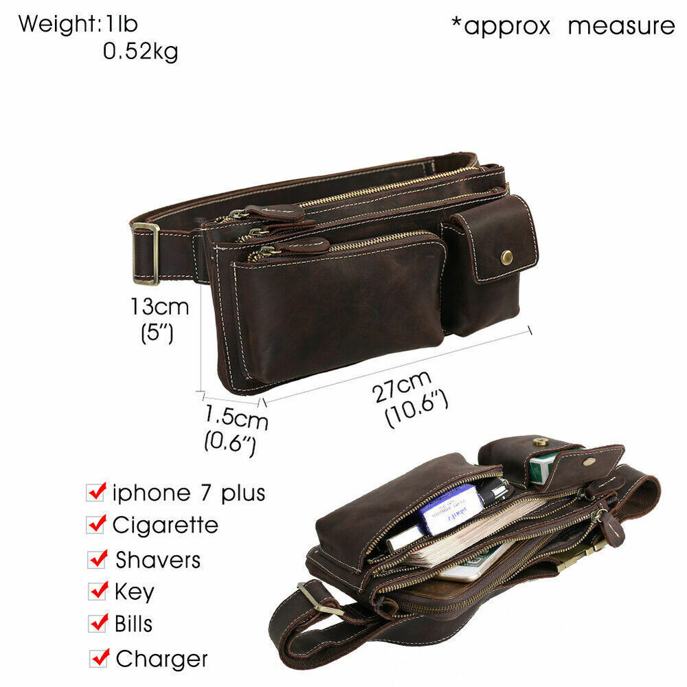 Mens Top Grain Leather Bum Waist Belt Bag Fanny Pack Sports Travel Running Pouch