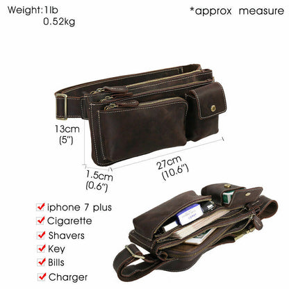 Mens Top Grain Leather Bum Waist Belt Bag Fanny Pack Sports Travel Running Pouch