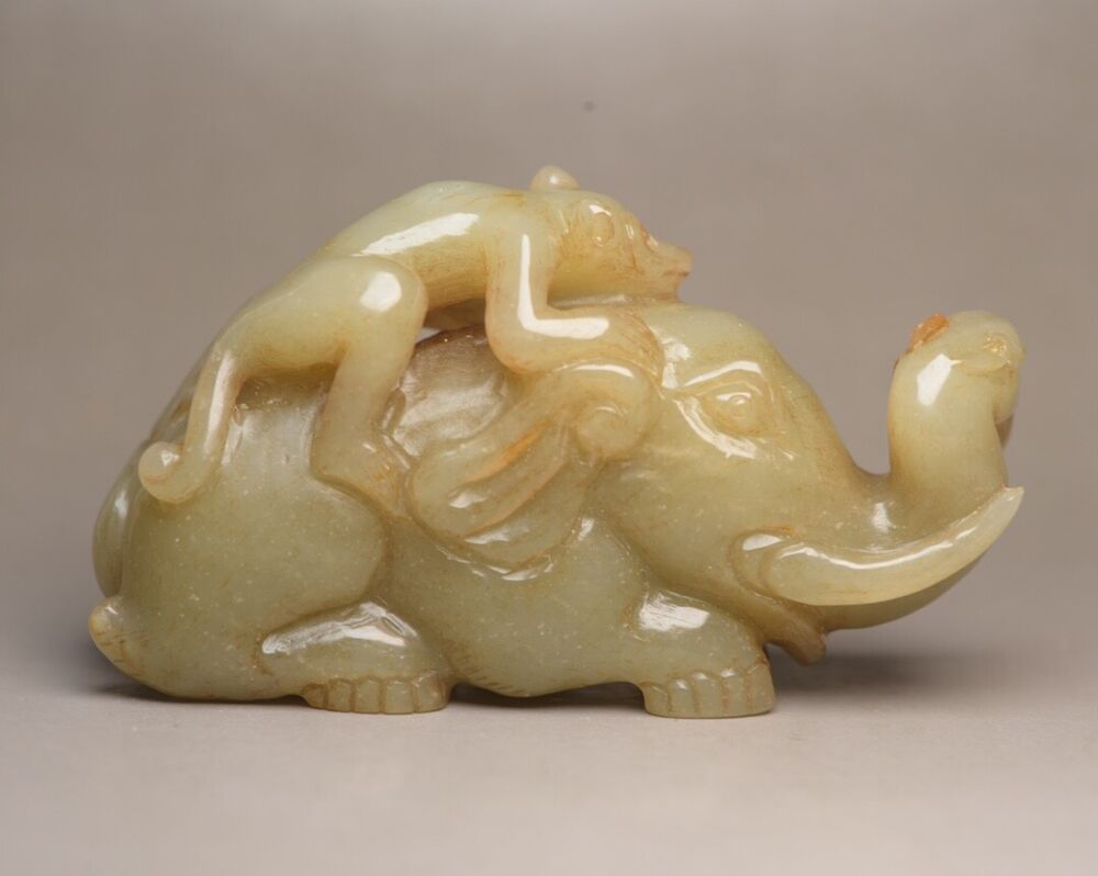 Chinese Natural Hotan Jade Carved Elephant Monkey Statue Exquisite Sculpture Art