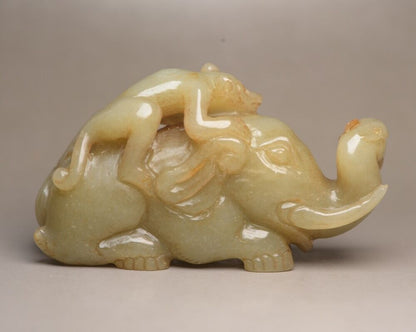 Chinese Natural Hotan Jade Carved Elephant Monkey Statue Exquisite Sculpture Art