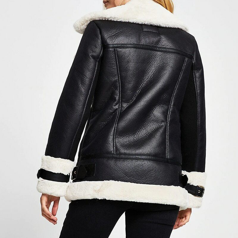 Pu Faux Soft Leather Black White Sheepskin Fur Jacket Female Aviator Outwear