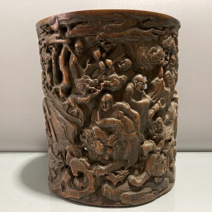 chinese bamboo carving antique carved brush pot case wood statue buddha Arhat