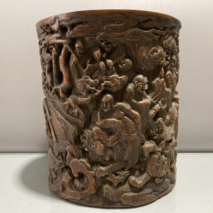 chinese bamboo carving antique carved brush pot case wood statue buddha Arhat