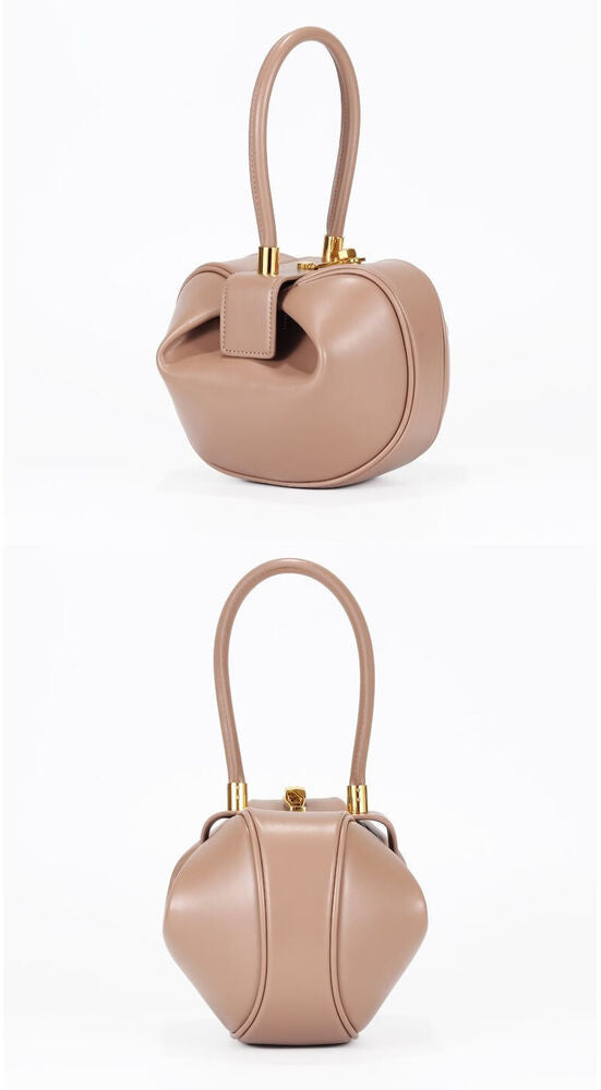 Real Leather Wonton Round Pouch Clutch Purse Top Handle Tote Handbag Grab Bag