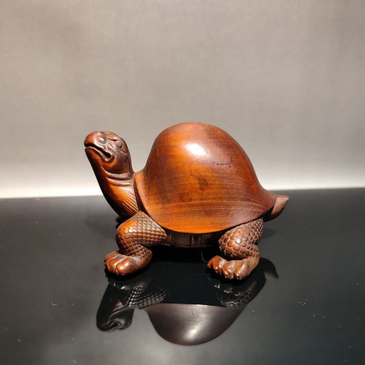 Chinese Boxwood Carving Wooden Turtle Decor Sculpture Animal Lovely Statue Gift
