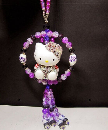 Handmade Cute Rhinestone Crystal Hello Kitty Pendant Purple Beading Car Decor