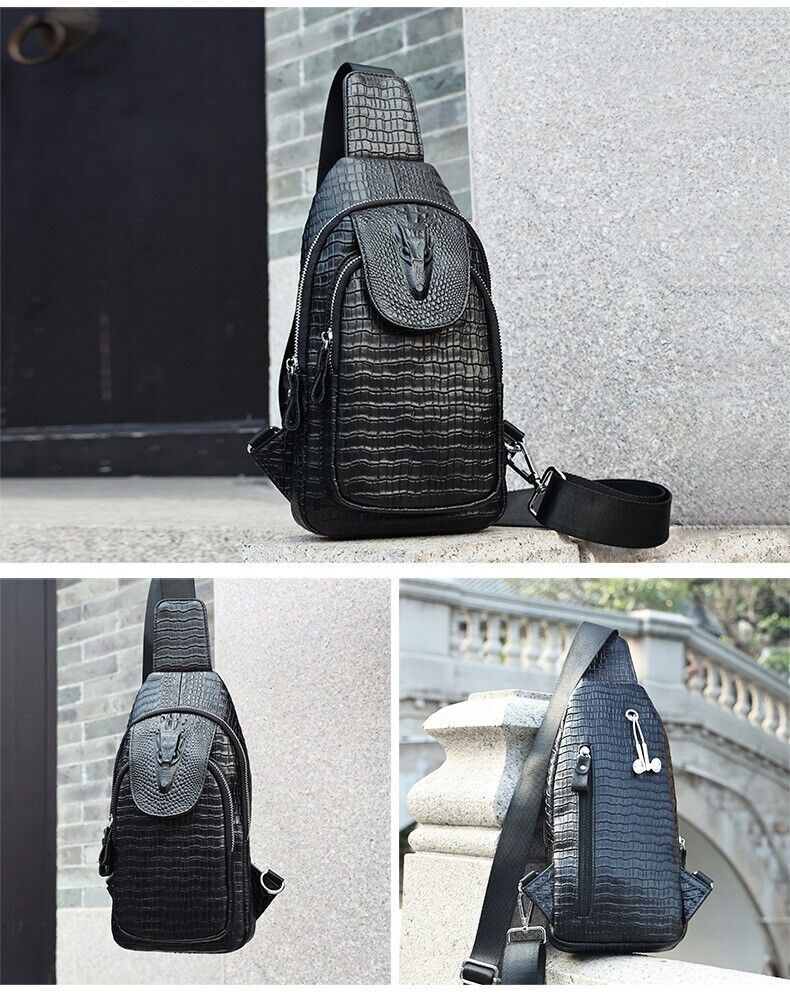 Black Real eather Sling Backpack, Men's Crossbody Chest Bag with Crocodile Print