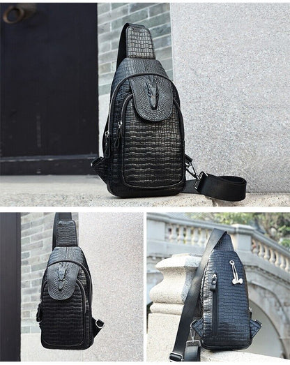 Black Real eather Sling Backpack, Men's Crossbody Chest Bag with Crocodile Print