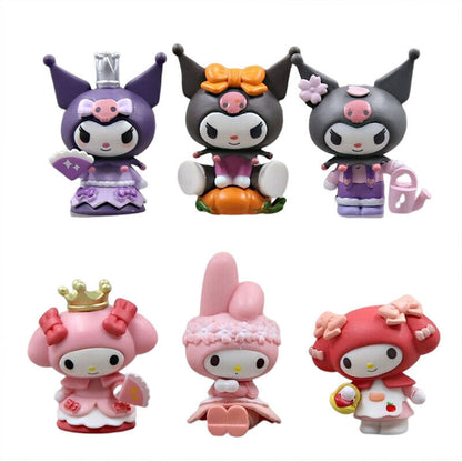 6pcs Kuromi My Melody Bow Crown Toys Cute Figures PVC Doll Toy Set Cake Toppers