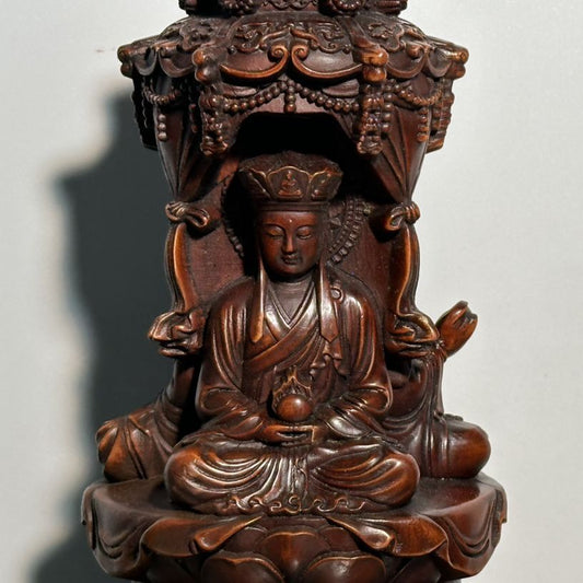 Vintage Chinese Wooden Carving Boxwood Three Sides Buddha Statue Wood Home Decor