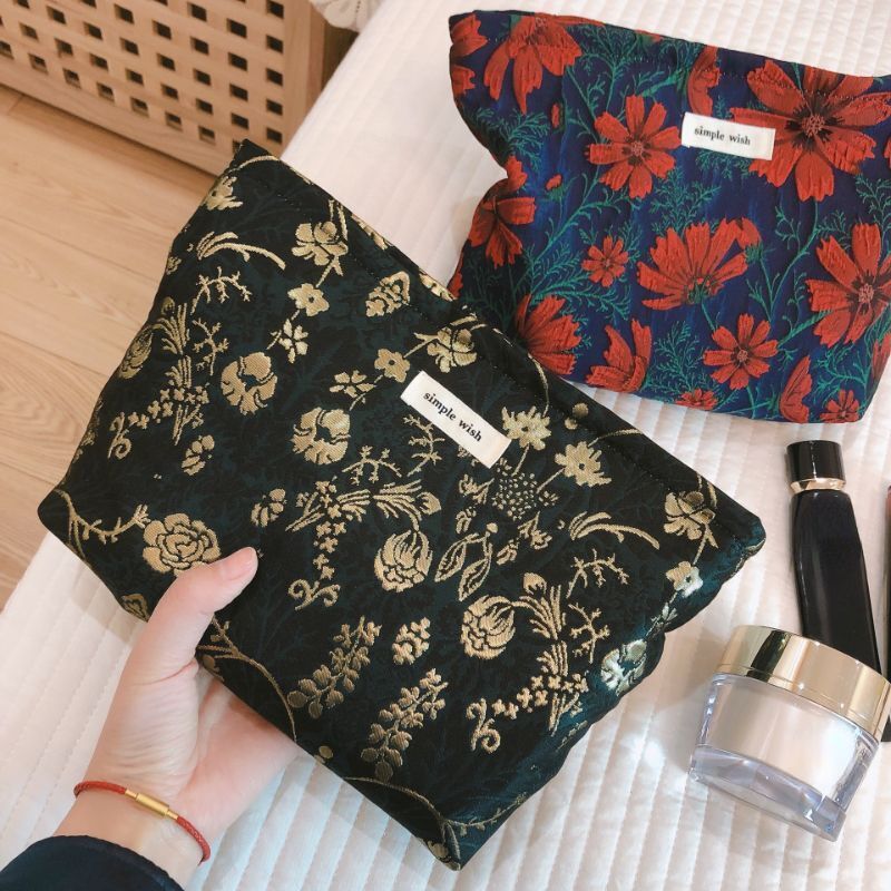 Retro Flower Print Cosmetic Bag Canvas Make Up Organizer Clutch Travel 5*27*18CM