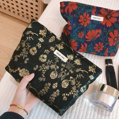 Retro Flower Print Cosmetic Bag Canvas Make Up Organizer Clutch Travel 5*27*18CM