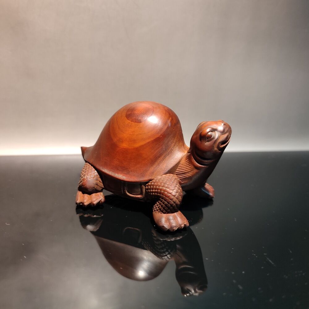 Chinese Boxwood Carving Wooden Turtle Decor Sculpture Animal Lovely Statue Gift