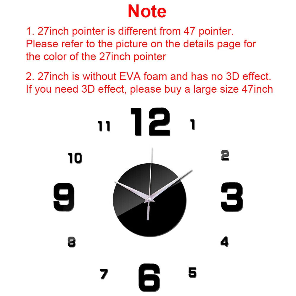 DIY Wall Clocks 27~47in Modern Mirror Number Sticker Living Room Decor Frameless