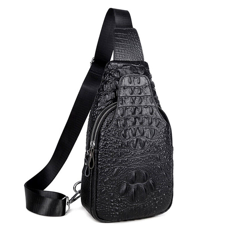 Men's Sling Backpack, 100% Genuine Leather Crocodile Crossbody Chest Bag Daypack
