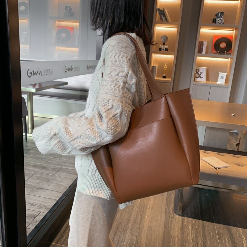 Leather Woman Tote Shopper Handbags Single Shoulder Bag with Outer Pocket
