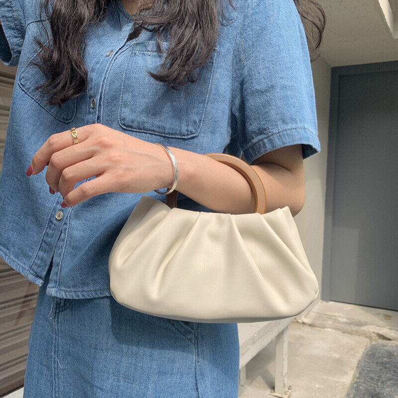 Girls Wooden Handle Pleated Cloud Shoulder Bag Handbag Messenger Mini Bag