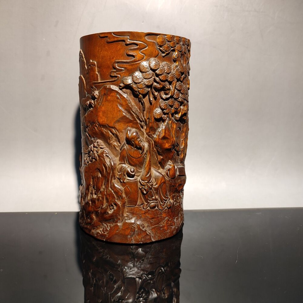 chinese carved brush pot pots pen case statue antique wood carving Figure-story