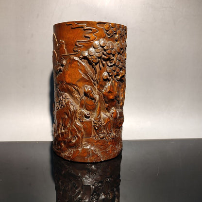 chinese carved brush pot pots pen case statue antique wood carving Figure-story