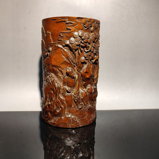 chinese carved brush pot pots pen case statue antique wood carving Figure-story