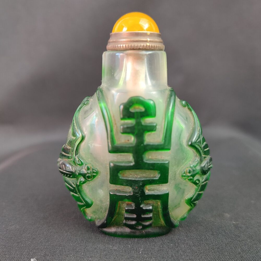 chinese beijing carved glass snuff bottle antique fu bat statue Glaze rare art