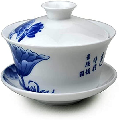 Porcelain Gaiwan 9oz Teacup Blue White Chinese Gongfu Tea Set Lip Cup Saucer