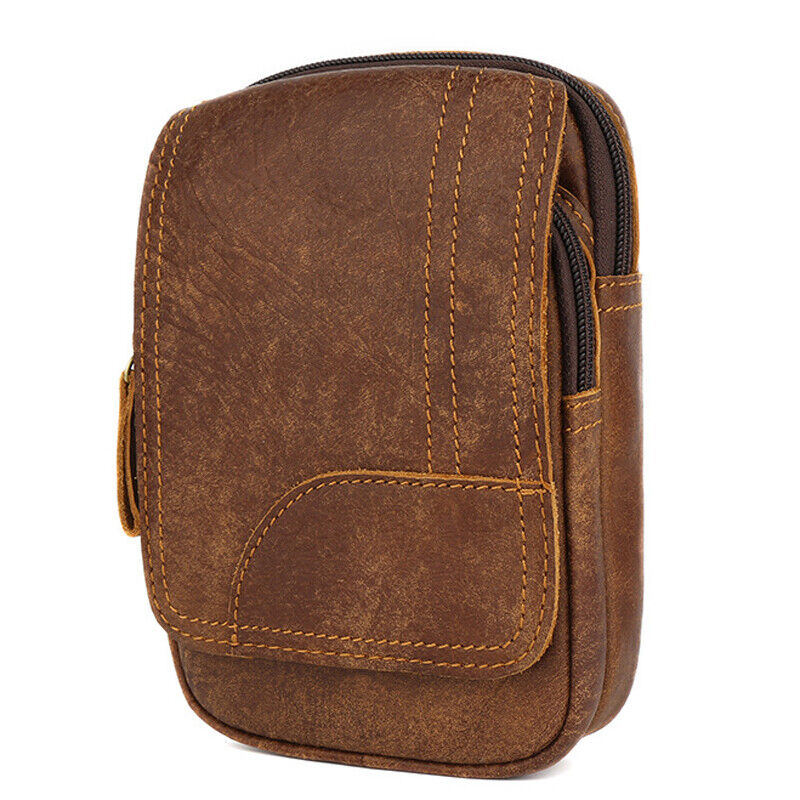 100% Genuine Leather Outdoor Sport Waist Bag Men's Brown Belt Bag & Fanny Pack