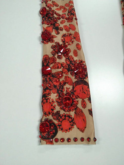 Women Fashion Gloves Red Floral Rhinestone Stretch Sparkling Spandex Long Mitten