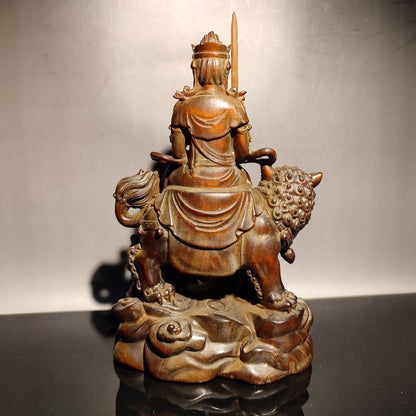 vintage wooden ornaments Wood carving Buddhism Maňjuśrī bodhisattva lion statue