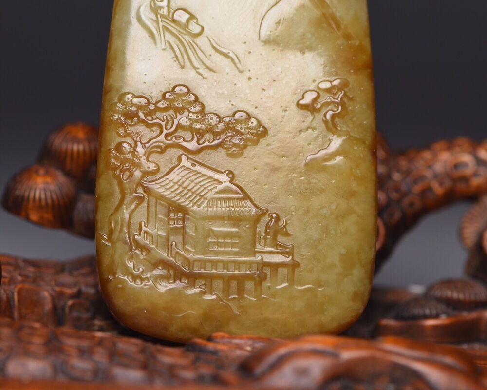Chinese Natural Hetian Jade Carving Landscape Statue Exquisite Pendant Jewelry