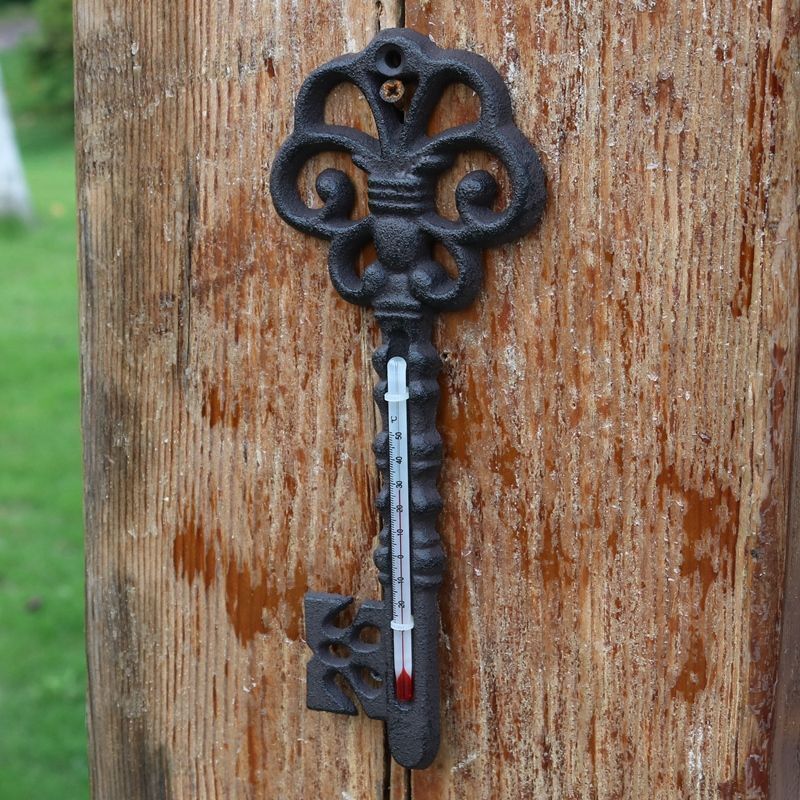 Home Wall Decoration Courtyard Decor Cast Iron Rake Key Thermometer 9.2x1x23.3cm