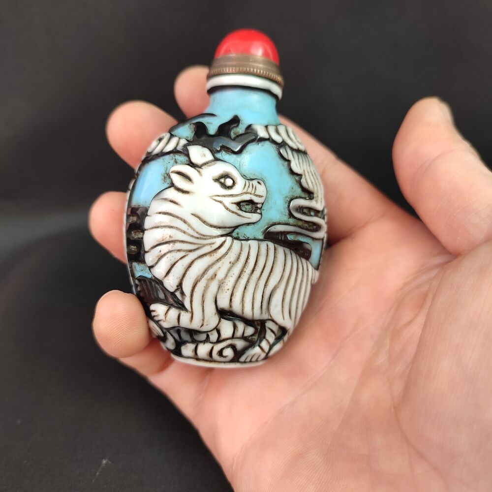Old Peking Glass Snuff Bottle box overlay snuffbox tiger animal carvings rare