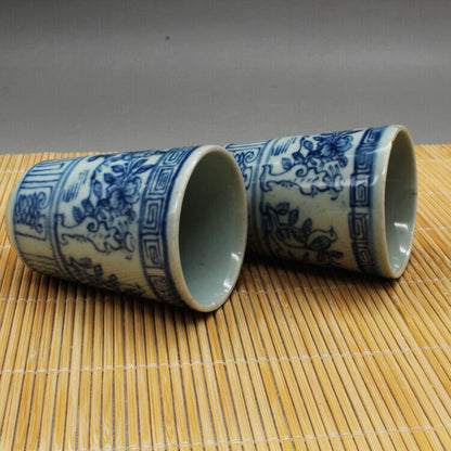 Chinese Jingdezhen Blue White Porcelain Handmade Flower Bird Gongfu Teacup Pair