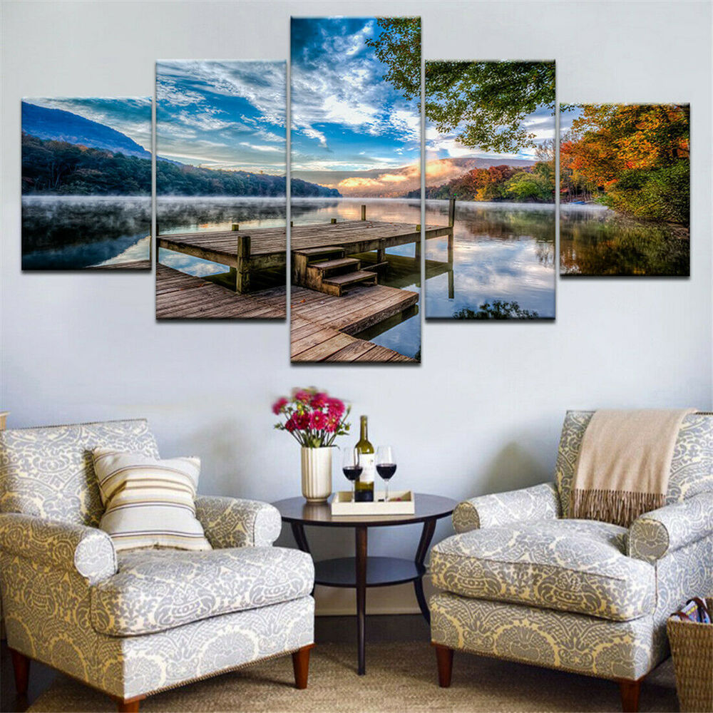 5pcs HD inkjet canvas painting wooden bridge sunset lake water sky No Framed