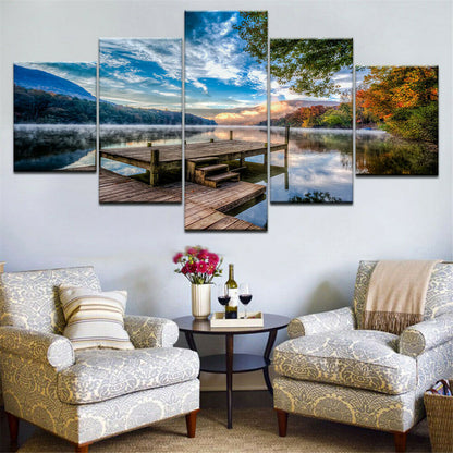 5pcs HD inkjet canvas painting wooden bridge sunset lake water sky No Framed
