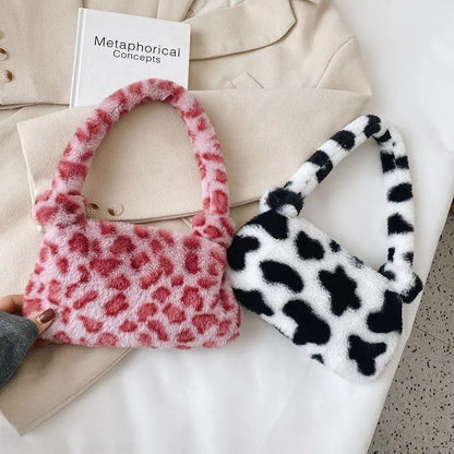 Mini Shoulder Bags Winter Plush Underarm Bag Pattern Fluffy Tote Small Purse 1pc