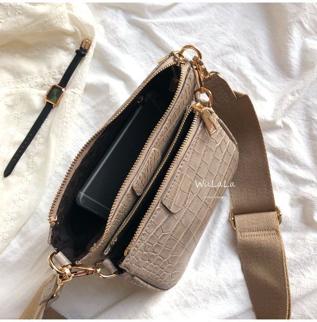 Vintage Shoulder Bag Wide Strap Crocodile Print Crossbody Bag 120CMChain Leather