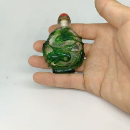 collections Old Beijing chinese glass snuff bottle carved crane statue clean art