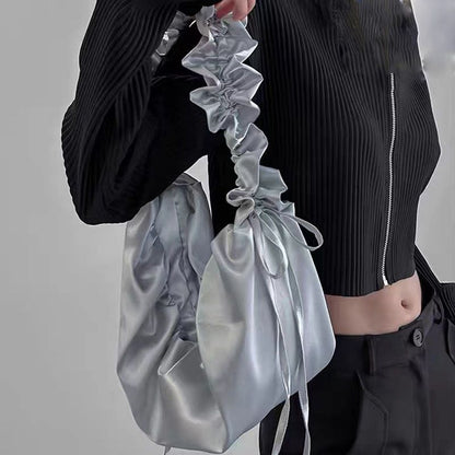 Versatile Tote Pleated Drawstring Design Large Shoulder Bag Oxford Crossbody Bag