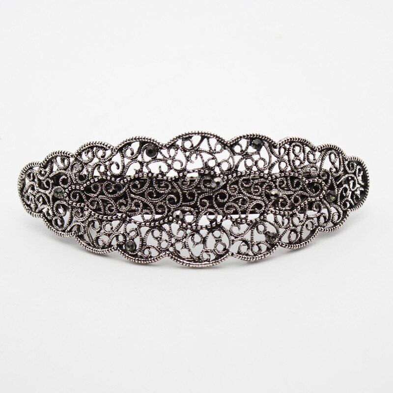 Women Hair Clips Metal Antique Black Silver Rhinestones Hairwear Barrette 10x4cm